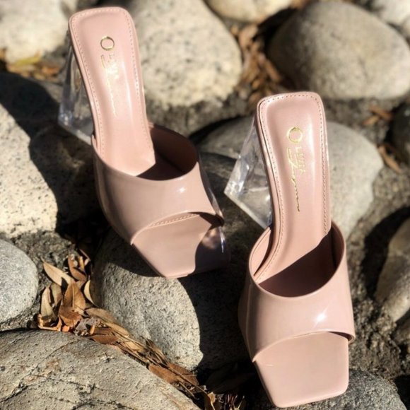 NEW Patent Clear Triangle High Block Heel Square Toe Slip On Sandals Mules Shoes - Picture 6 of 9